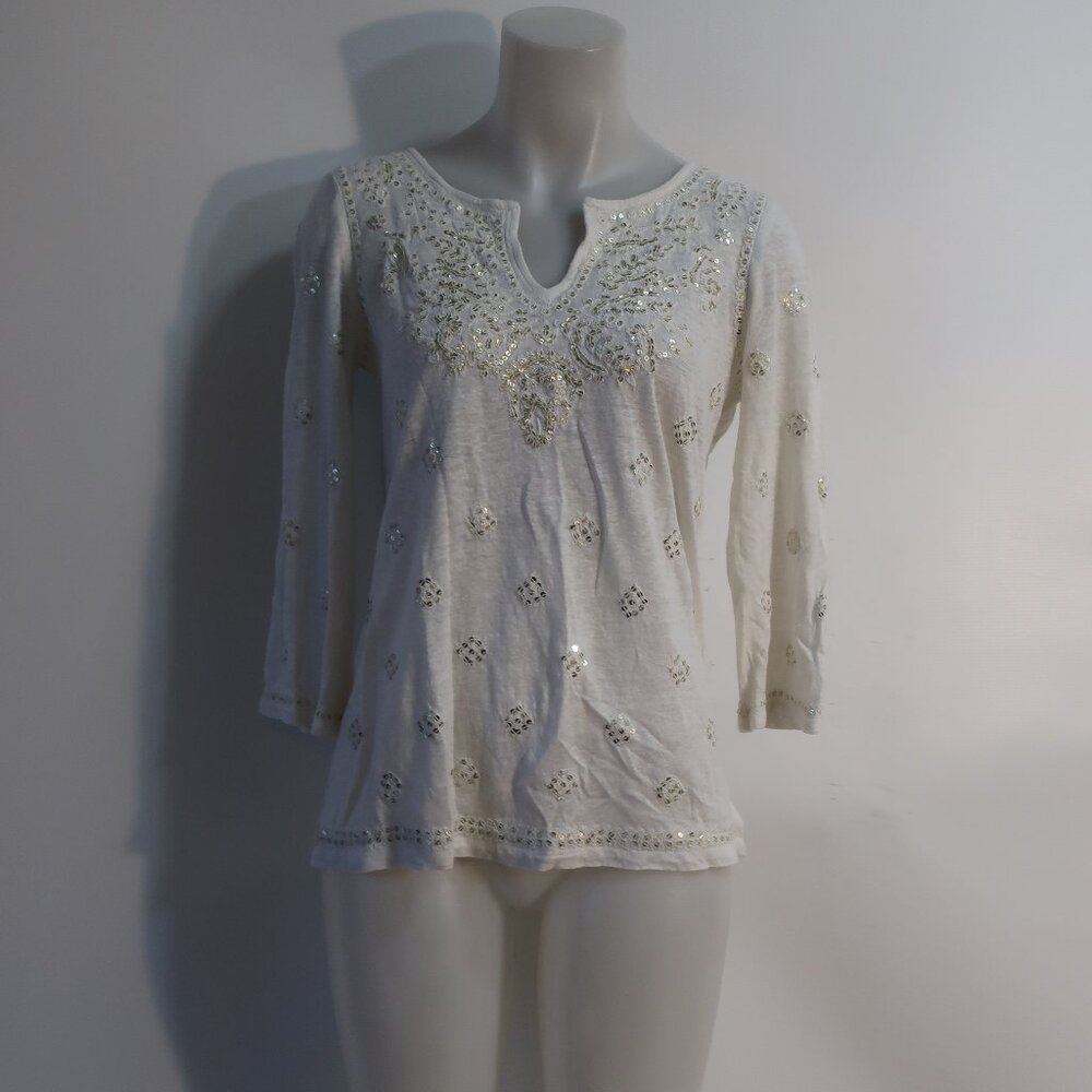 Womens Calypso St. Barth 100% Linen Off White Sequin Design Top S
